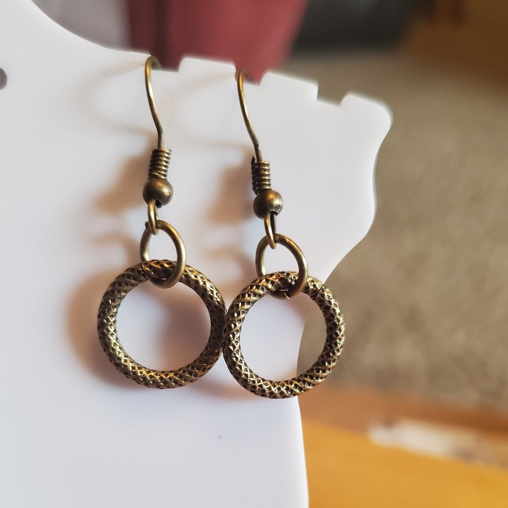 Bronze Tone Small Hoop Dangle Earring Artisan Hook